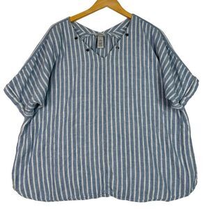 Catherines Women Top Blouse Sz‎ 1X  Blue White Striped Linen Blend Dolman Sleeve